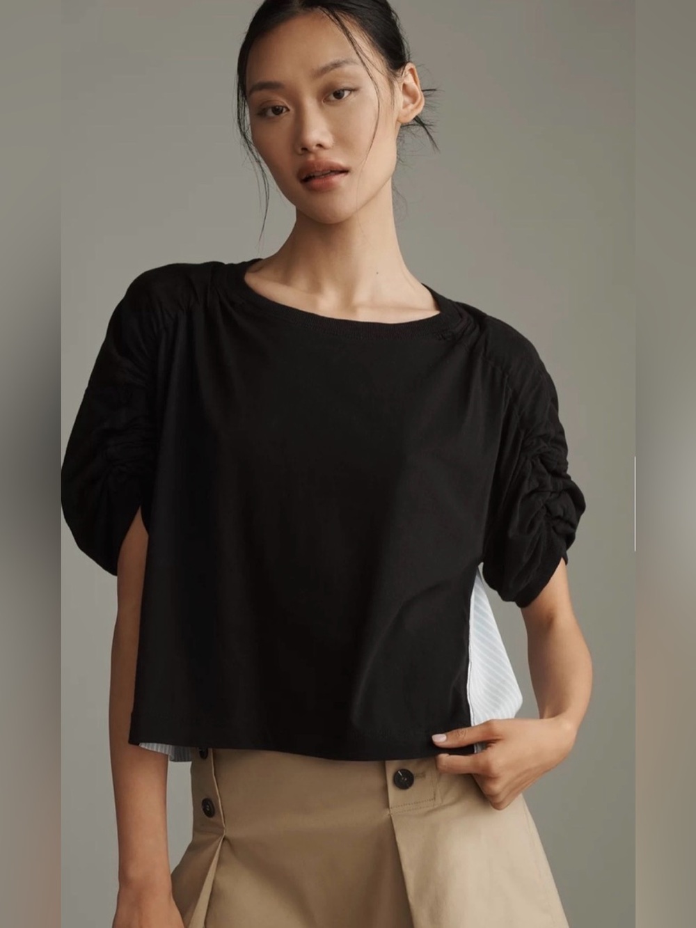 Anthropologie | Woven & Knit Ruched-Sleeve Twofer Top